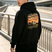 Hoodie grafis oversized longgar untuk membangun merek, tersedia dalam jumlah besar, cocok untuk pria dengan teknik transfer panas offset.