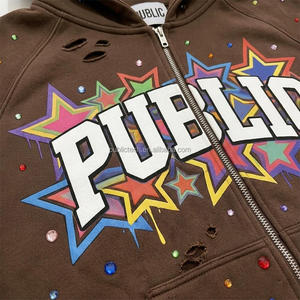 Sudadera con capucha de alta calidad para hombre, personalizada, con mangas raglán, efecto desgastado, borde sin rematar, con pedrería en toda la superficie y cremallera completa. Fabricante de ropa. - Product Image 2
