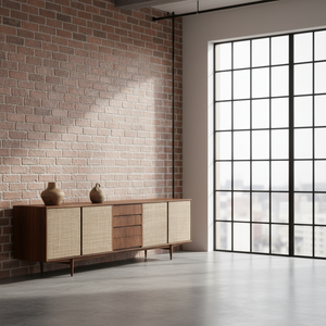 Cómoda Minimalista de Madera Maciza de Teca Elmar con Puertas de Panel Tejido y Cajones Centrales para Dormitorio, Sala de Estar o Almacenamiento - Product Image 6