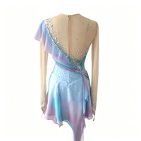 Robe de patinage artistique dégradé bleu rose, col en V, manches longues, dos ouvert, volants, strass, costume de compétition pour filles et femmes