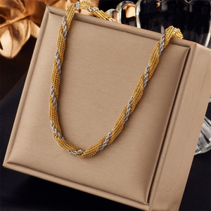 European American Minimalist Color Blocked Mesh Braided Chain <b>Titanium</b> Steel Punk Hip Hop Metal Clavicle <b>Necklace</b> Party Gold - Product Image 1