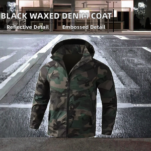 Veste de course décontractée longue en jean noir tissé personnalisé avec capuche zippée en cuir ciré imperméable pour homme - Product Image 2