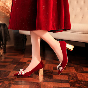 Zapatos de boda rojos para mujer, tacón de bloque, punta puntiaguda, decoración con lazo, elegantes, sin cordones, tacón medio, cómodos 6555H-017 - Product Image 3