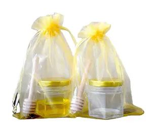 2 Oz Hexagon Mini Glas Honing Potten Met Hout Dippers Gold Deksels Bee Hangers En Gouden Gift Bags