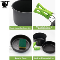Ensemble de cuisine de camping 16 pièces, ensemble de cuisson de camping avec tasses, assiettes, fourchettes, couteaux, cuillères, ensemble de casseroles et poêles de camping