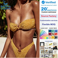 Bikini bandeau sexy doré à paillettes, orné d'un anneau métallique, maillot de bain deux pièces pour les vacances, style européen et américain, vente directe usine
