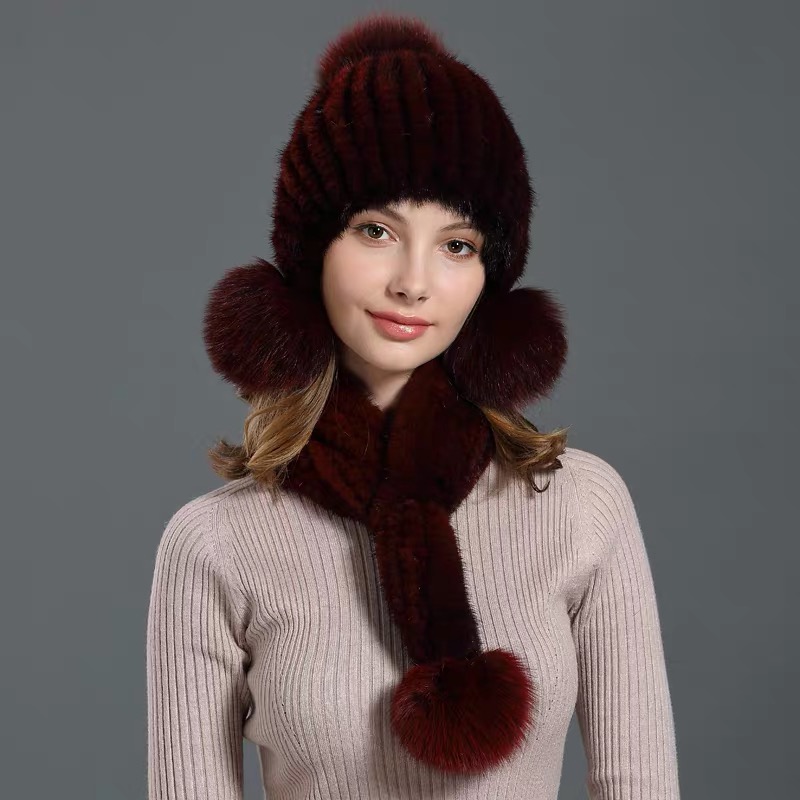 CX-SET-16F помпоном меховая шапка-ушанка с маской для защиты Комплекты Женские теплые с натуральным норковым Мехом Зимний шарф и шапка; Комплект одежды
