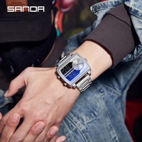 Sanda 6163 Montre Homme de Luxe de Marque Supérieure, Sportive en Acier Inoxydable, Cuir et Silicone, Grande Montre Digitale Carrée à Quartz et Affichage Analogique