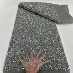 Горячая распродажа, французская сетчатая кружевная ткань, роскошный африканский тюль, кружевная ткань с бисером, вышивка с блестками, кружевная ткань для свадьбы - Product Image 5