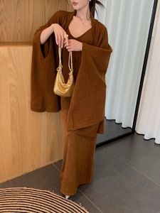 Conjunto de Dos Piezas Minimalista de Lana para Mujer, Cárdigan Holgado <span class=keywords><strong>con</strong></span> Frente Abierto y Vestido Maxi, Transpirable, Corte Regular, Otoño - Product Image 3