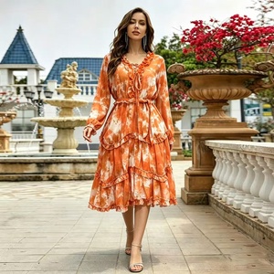 2026 New Fashionable Tie Dye Pleated Flute Women's <strong>Dress</strong> <strong>with</strong> Long <strong>Sleeves</strong> and V-neck Layered <strong>Chiffon</strong> <strong>Dress</strong> for Casual Parties - Product Image 4