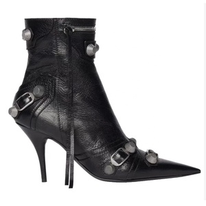 Black High Heel Leather Shoes Pointy Toe Sexy Lady's Ankle <b>Boots</b> Zip Buckle Studs Short Women Fashion Big Size 43 - Product Image 4