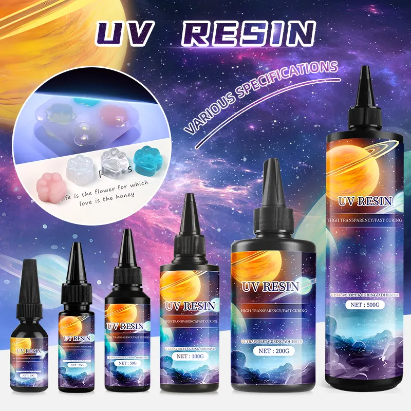 Adesivo ultravioleta de cura rápida 10g,25g,50g,100g,200g,500g conjunto de cola UV resina epóxi UV conjunto de resina dura UV