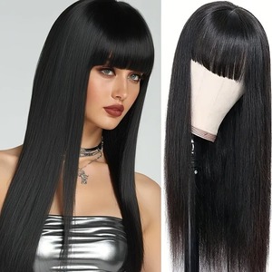 Perruque synthétique noire droite de 26 pouces avec frange, bonnet ajustable, haute densité, aspect naturel, résistante à la chaleur, pour usage quotidien et musique - Product Image 4