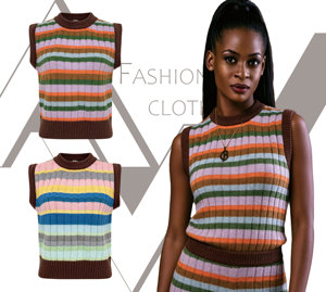 Gilet pull pour femme, motif rayé arc-en-ciel, col rond, tricoté à la machine, coupe ajustée courte, confortable pour le quotidien - Product Image 1