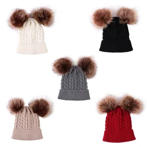 Musim Dingin Bayi Topi Rajut Dua Alami Pompoms Anak Gadis Bulu Alami Beanie Anak-anak Double Pom Pom Topi