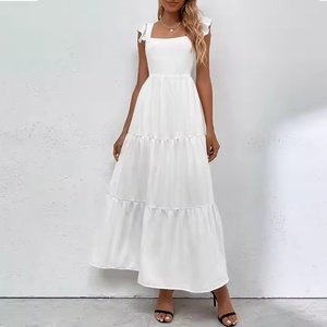 Vestido Elegante de Lino Blanco para Mujer, Estilo Veraniego, Cuello Cuadrado, con Volantes, Midi Holgado, Cintura Alta, Casual, para Damas - Product Image 2