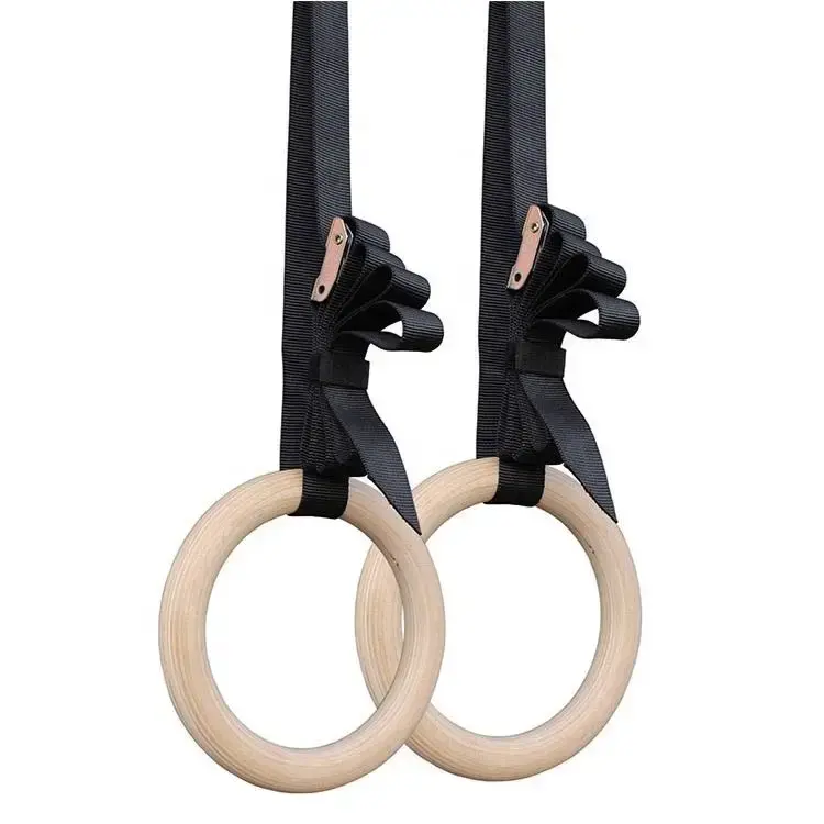 CHENGMO SPORTS Barre de traction de qualité supérieure Anneaux de gymnastique en bois avec sangles Anneaux de gymnastique d'exercice Fitness Birch Suspension Ring Set