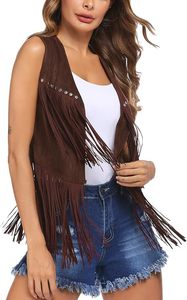 Chaleco con borlas para mujer, ropa hippie de los años 70, chaleco vaquero sin mangas con borlas de gamuza artificial para mujer - Product Image 6