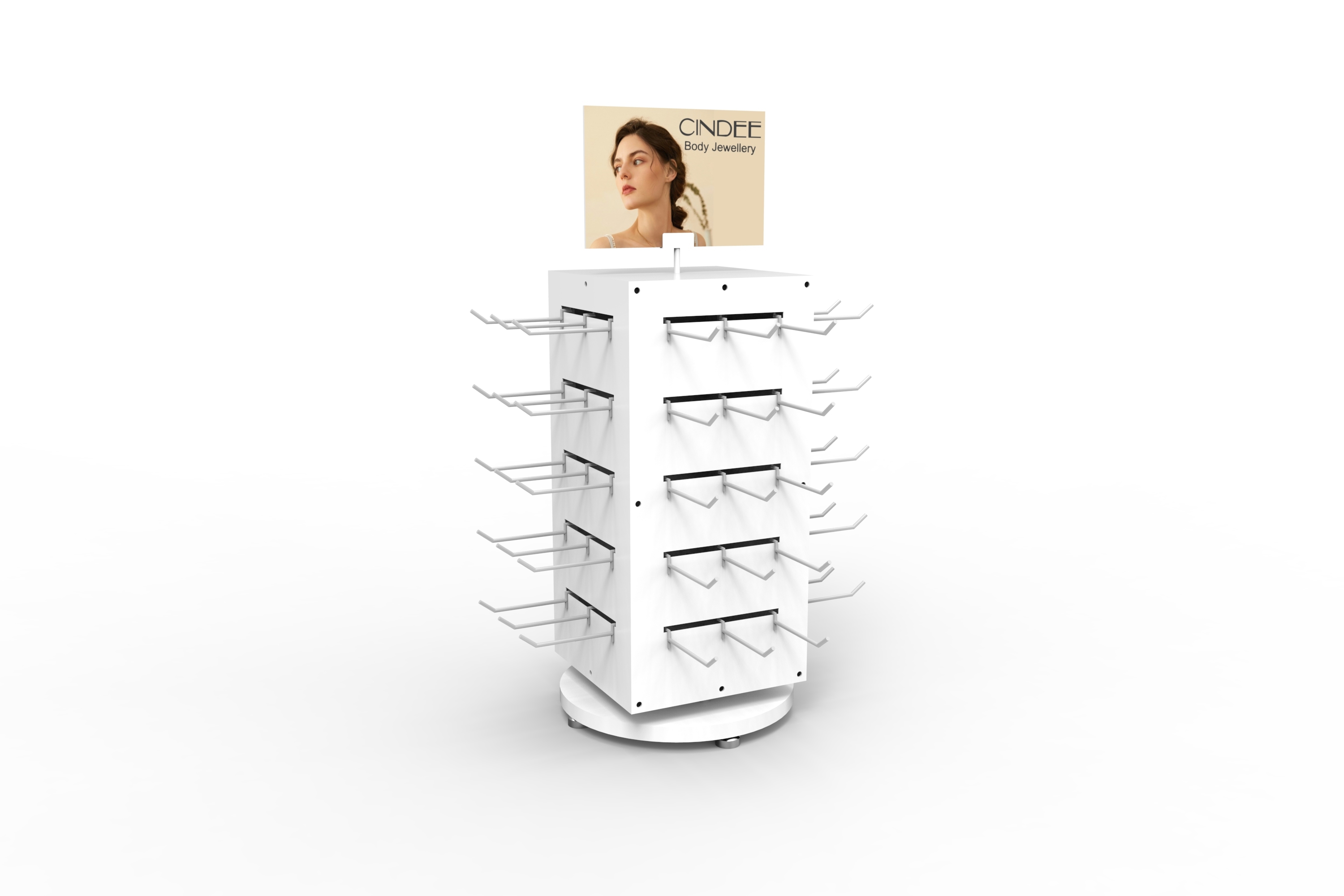 Hair Ornaments Portable Display Stand White Rotational Tube Metal Counter Top Racks Round Base Shelf Long Pegs Minimalist Design — view 6