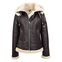 Veste bomber épaisse imperméable coupe-vent en cuir d'agneau véritable marron pour femme TEX, col à capuche, doublure en fourrure de peau de mouton