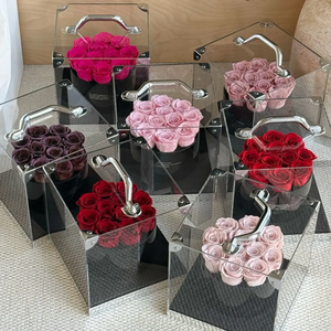 Caja de flores de acrílico transparente con asa, rectangular, rígida, para regalo, para rosas, rosa, rojo, morado - Product Image 1