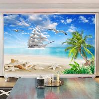 Papier Peint Mural Personnalisé 3D Plage Voilier Cocotier Paysage Marin Salon Décoratif Autocollant Amovible
