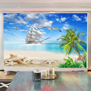 Mural de Pared Personalizado, Póster 3D de Playa, Pintura Mural, Papel Tapiz con Diseño de Velero, Palmera y Paisaje Marino <span class=keywords><strong>para</strong></span> Sala de Estar, Papel Tapiz Autoadhesivo - Product Image 5