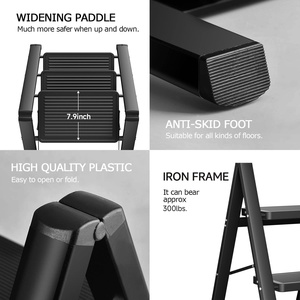 Échelle pliante à 3 marches en fer, portable, antidérapante, pour la maison et la cuisine, gain <span class=keywords><strong>de</strong></span> place, noire (300 lb) - Product Image 6