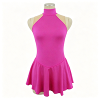 Robe de patinage artistique fuchsia à col montant sans manches, dos ajouré en maille, pour filles et adultes, entraînement, compétition, performance
