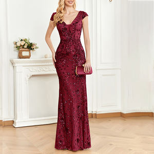 深いVネックの豪華なウェディングパーティーガウン、女性用ロングフォーマルエレガントなシャンパン色のスパンコールイブニングドレス - Product Image 4