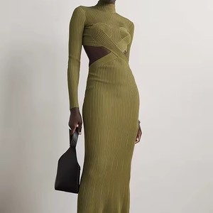 <span class=keywords><strong>Vestido</strong></span> de punto elegante de cuello alto y <span class=keywords><strong>manga</strong></span> <span class=keywords><strong>larga</strong></span> acanalado oversize para mujer, casual con <span class=keywords><strong>espalda</strong></span> <span class=keywords><strong>descubierta</strong></span> para invierno, venta al por mayor, fabricante personalizado - Product Image 1