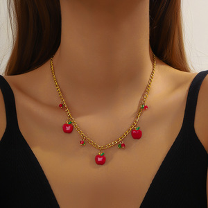 Fruit Pendant Necklace Zinc Alloy Multi-layer Apple Strawberry Cherry Design Party Jewelry - Product Image 4