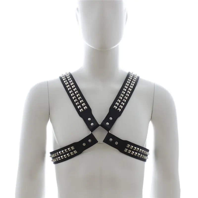 Coleira ajustável bdsm bondage, colete de couro pu com rebite para adultos, trajes sexy masculinos