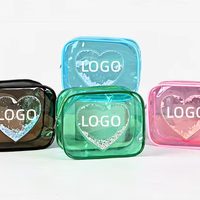 Tas Makeup PVC Transparan DICHOS Cute Heart Quicksand, Kantong Penyimpanan Kosmetik Tahan Air untuk Perjalanan, Tas Cuci Transparan dengan Glitter Hati