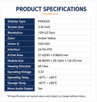 Écran OLED PMOLED de 2,36 pouces, 128x22 points, jaune ambre, module d'affichage SSD1305 24 broches FPC RiTdisplay pour appareil industriel