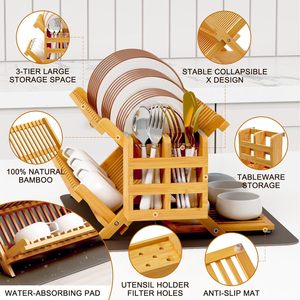 Escurridor de platos de bambú de varias capas, escurridor de platos de doble capa para cocina con soporte para cubiertos y bandeja. - Product Image 3