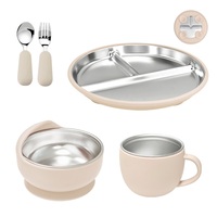 Juego de Vajilla Infantil Sostenible Libre de BPA, Plato de Acero Inoxidable, Taza de Silicona para Snacks y Juego de Tenedores con Diseño de Dibujos Animados, Apto para Lavavajillas