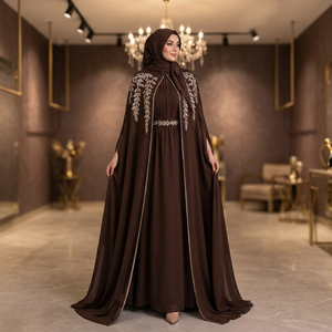 Elegant Brown Embroidered Organza A-Line <b>Abaya</b> Floor-Length Scoop Neck Watteau Train Cloak Sleeve Modest <b>Dress</b> for Women - Product Image 3