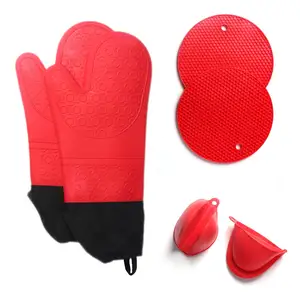 6Pcs/Set Oven Mitts Flexible Heat Insulation Silicone Extra Long Mittens Gloves Pot Holders Placemat for Kitchen