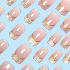 24 Uñas Postizas Francesas de Ojo de Gato, Color Rosa Nude <span class=keywords><strong>con</strong></span> Borde Dorado Brillante, Uñas Acrílicas de Lujo Reutilizables para <span class=keywords><strong>Manicura</strong></span> DIY - Product Image 3