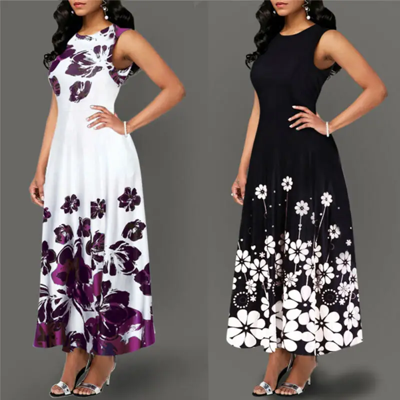 Summer Spring Women Casual Long Maxi Dresses Floral Print Sleeveless High Waistline Sundress With Customizable Size