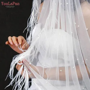YouLaPan V23 Luxurious Long Bridal Veil 3M Long Single Layer Off White Veil Cathedral Wedding Veil with Pearl Feather Trim