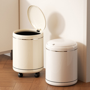Cylindrical Trash Can With Lid And Wheels Creamy White Indoor Waste Bin For Living Room Kitchen Bathroom Bedroom - Product Image 2