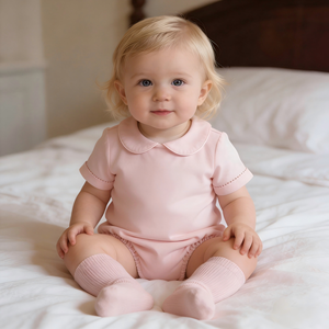 Combinaison bébé personnalisée en coton Piam à col Peter Pan et manches courtes bouffantes, avec passepoil, pour broderie - Product Image 3