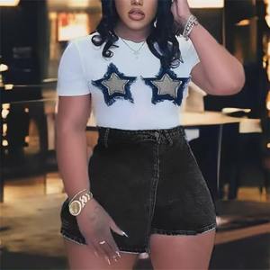 <strong>Women's</strong> Summer Crop Tops American Short Sleeve Crewneck Star Patch Short <strong>T</strong>-<strong>shirt</strong> Casual Basic Slim Tees - Product Image 2