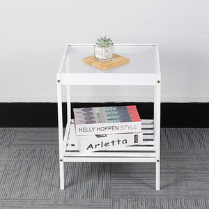 <b>White</b> Square Coffee <b>Table</b> 40x40x50 Cm Bamboo Top Modern Style For <b>Small</b> Apartments Storage <b>Side</b> <b>Table</b> - Product Image 2