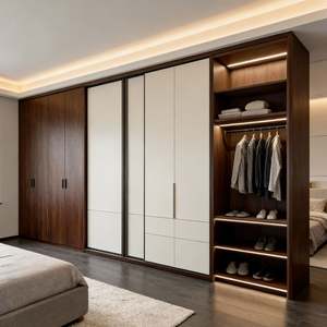 Système de garde-robe modulaire moderne Balom, garde-robe à portes coulissantes, placard, meubles de chambre à coucher en bois bicolore avec éclairage LED - Product Image 1