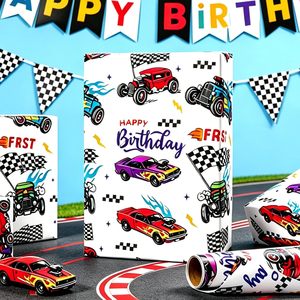 Race Car Wrapping Paper Roll 17 In X 16.5 Ft Birthday Gift <b>Wrap</b> For Kids With Grid Lines Art Paper Recyclable - Product Image 2
