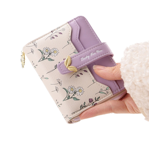 Petit portefeuille floral pour femmes, mini porte-cartes en cuir PU, porte-monnaie avec bouton pression, poche zippée, portefeuille court pour étudiantes - Product Image 3